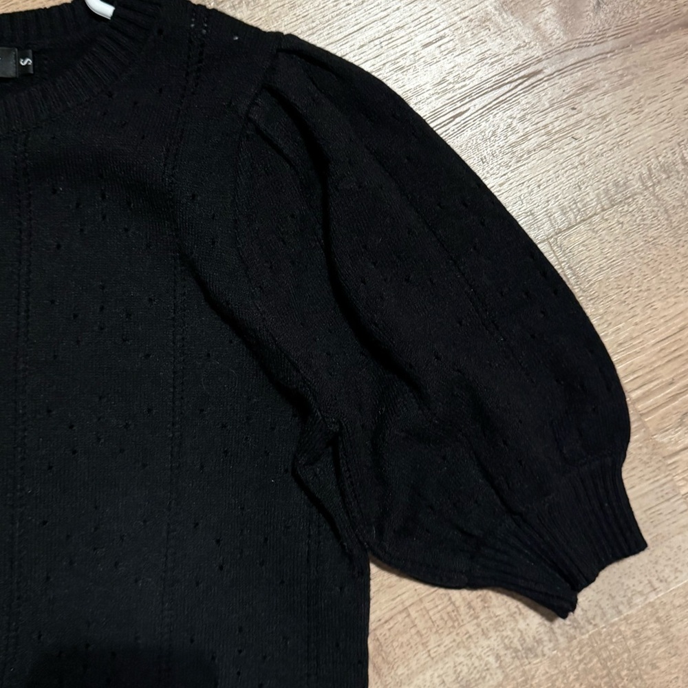 Merokeety Black Puff Sleeve Pointelle Knit Sweater Top Small - Picture 7 of 8